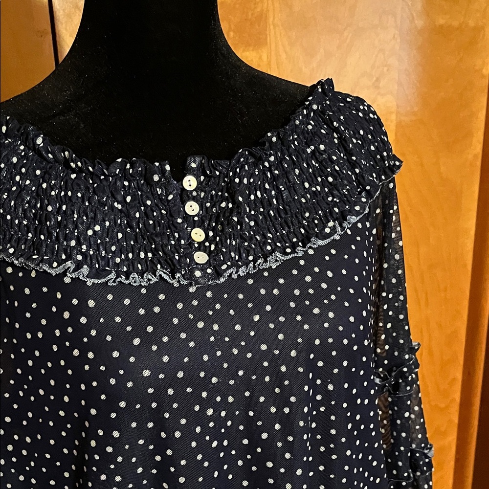 bobeau Large Navy Polka Dot Ruffled Collar Blouse - Picture 3 of 5